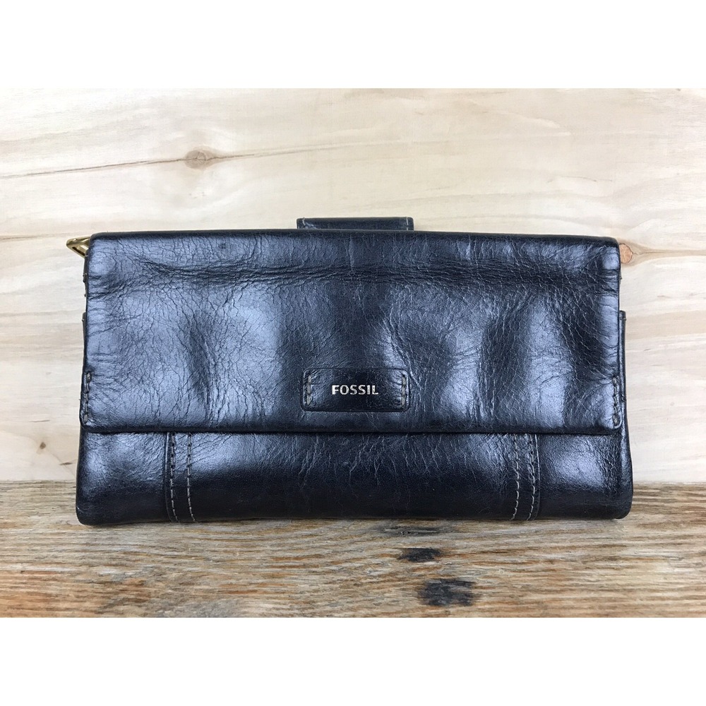 Fossil Vintage Long Bifold Soft Black Leather Wallet Coin Zip EUC